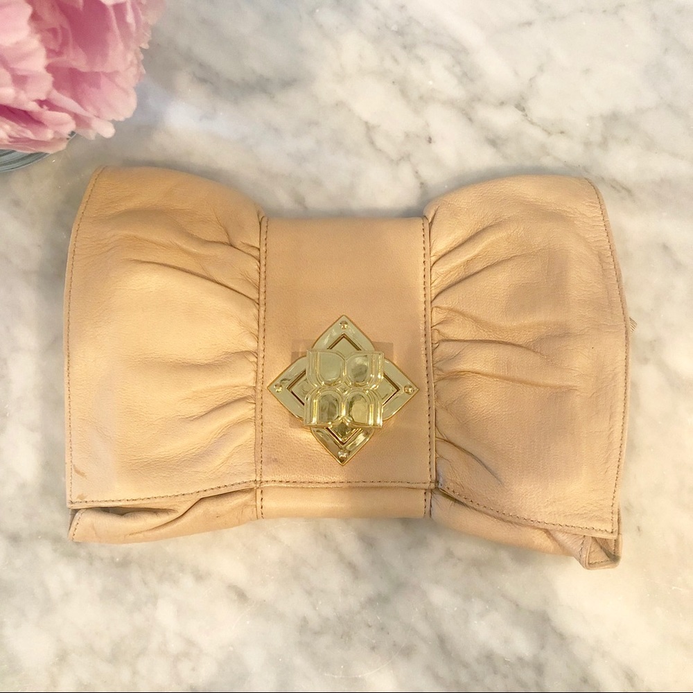 BCBG leather ruffle clutch